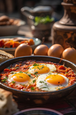 Shakshuka with fried eggs in a pan on a wooden tableの素材
