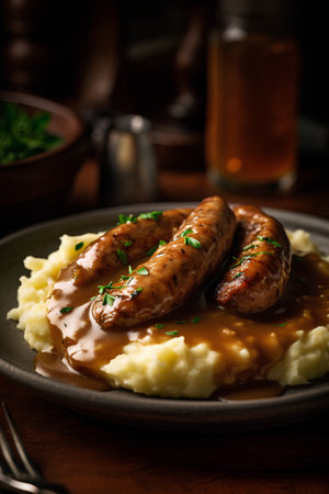 Grilled sausages with mashed potatoes and gravy on a plateの素材