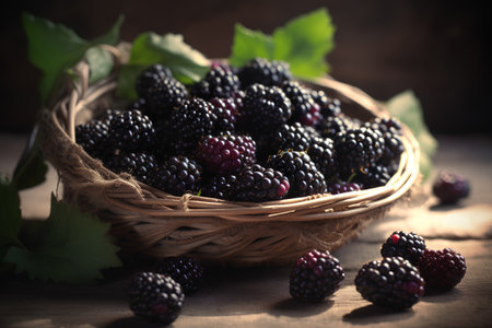 Blackberries in a wicker basket on a wooden background. Toned.の素材