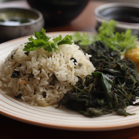 Rice with seaweed on plate, closeup. Asian foodの素材