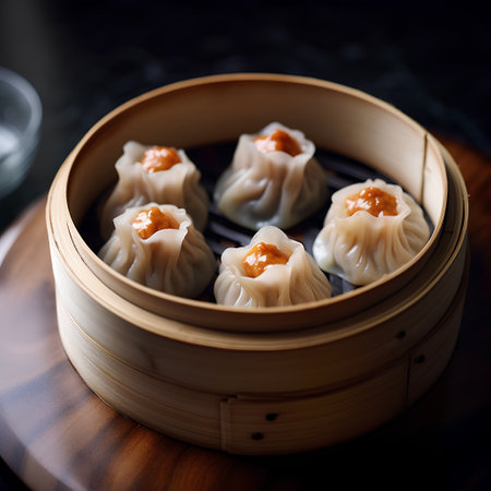 Chinese steamed dumplings in bamboo steamer on dark backgroundの素材