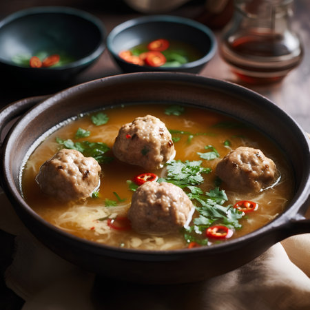 Hot soup with meatballs and parsley in bowl on wooden tableの素材