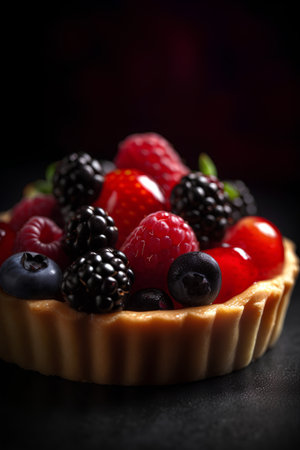 Delicious tartlet with fresh berries on black background, selective focusの素材
