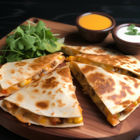 Tasty quesadilla with corn and sauce on wooden boardの素材