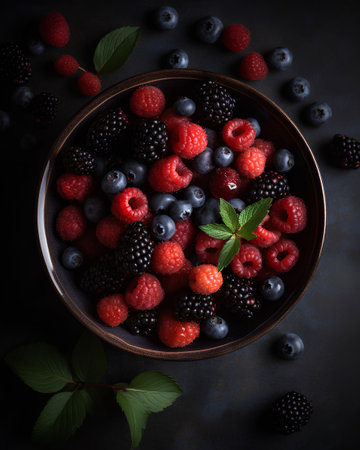 Fresh berries in a bowl on a dark background, top view.の素材