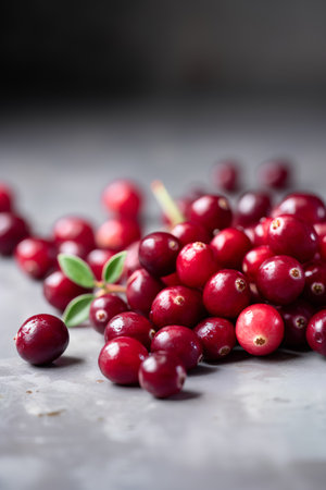 Fresh red cranberries with green leaves on dark background, selective focusの素材