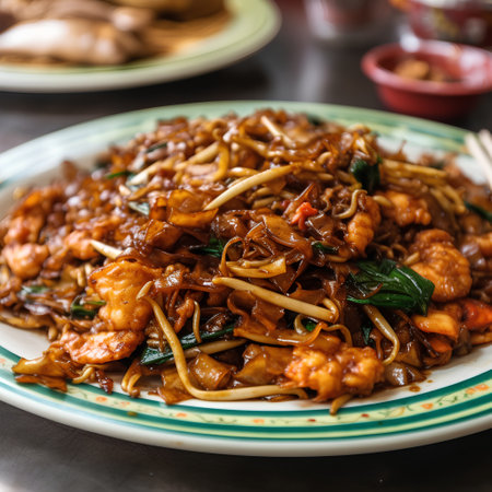 stir-fried noodles with shrimps and vegetables on plateの素材