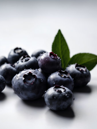 Fresh blueberries with water drops on a gray background. Selective focus.の素材