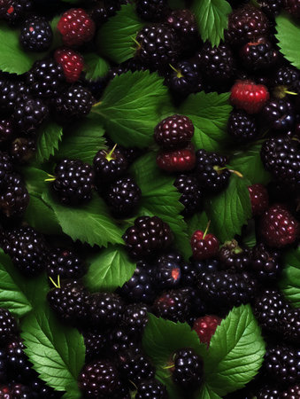 Blackberries and raspberries with green leaves. Food background.の素材