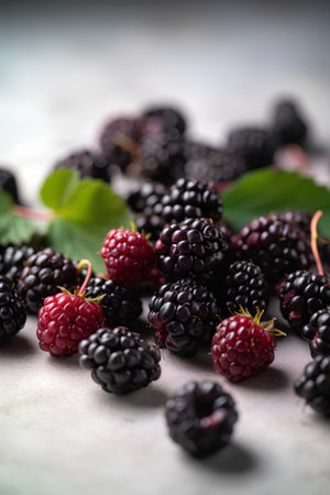 Blackberries and raspberries on a light background. Selective focusの素材