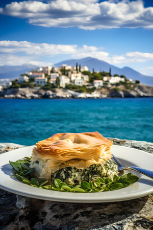 Pancakes with spinach and ricotta on a white plate on the background of the sea and the island of Sveti Stefan, Montenegroの素材