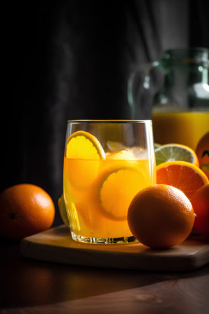 Glass of orange juice with ice cubes and fruits on a dark backgroundの素材