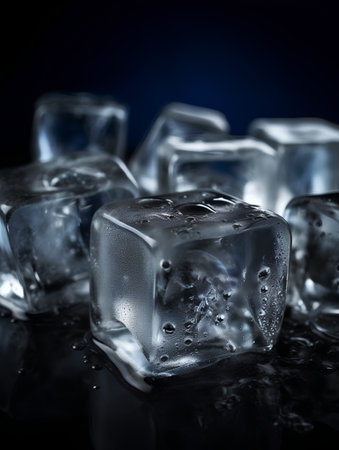 Ice cubes on a black background. Shallow depth of field.の素材