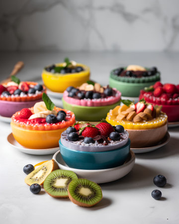 Colorful mousse cakes with fresh berries and fruits, selective focusの素材