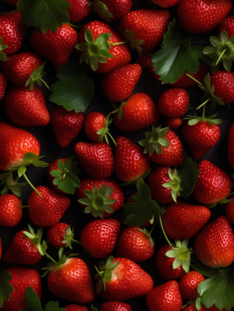 Strawberry background. Top view of fresh strawberries with leaves.の素材
