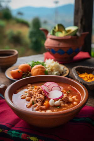 Traditional mexican beef soup with beans and vegetables in clay bowlの素材