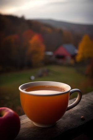 Cup of tea on the background of autumn landscape. Selective focus.の素材