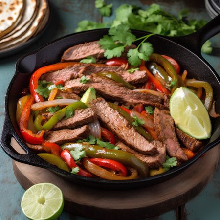 Traditional mexican beef with bell pepper and onion in a panの素材