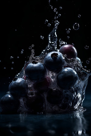 Fruit splashing into water on black background. Shallow depth of field.の素材