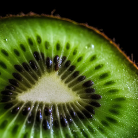 Kiwi fruit on a black background close-up macro photographyの素材