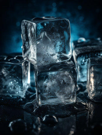 Ice cubes on dark background with some ice cubes in the foreground.の素材