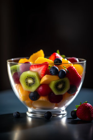 Fruit salad in a glass bowl on a dark background. Selective focus.の素材