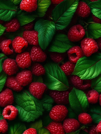 Fresh raspberries with green leaves close-up as a backgroundの素材