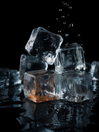 Ice cubes with water drops on a black background. Copy space.の素材
