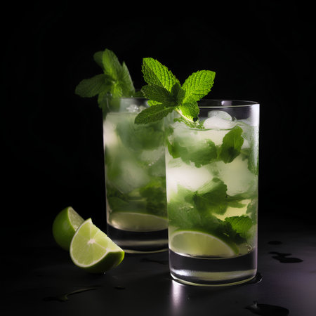 Mojito cocktail with lime and mint on a black background.の素材