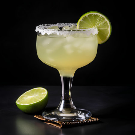 Classic Margarita cocktail with lime and ice on a black backgroundの素材