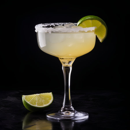 Classic Margarita Cocktail with lime and ice on black backgroundの素材