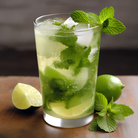 Mojito cocktail with lime, mint and ice on wooden backgroundの素材