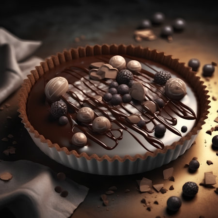 Chocolate tart with berries and chocolate glaze on a dark backgroundの素材