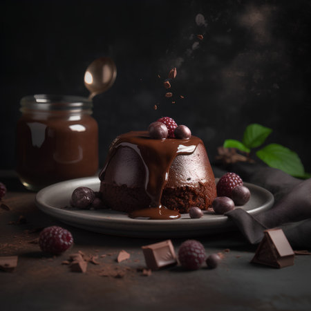 Chocolate cake with fresh berries and chocolate sauce, selective focus.の素材