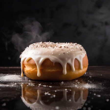 Delicious glazed donuts with icing on a black background.の素材