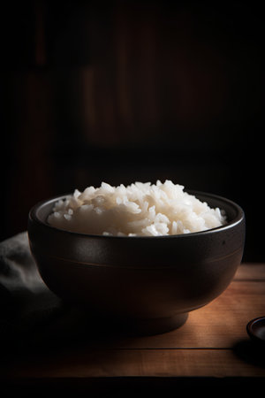 White rice in a bowl on a wooden table. Dark background.の素材
