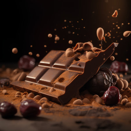 Chocolate, cocoa powder, nuts and fruits on a dark backgroundの素材