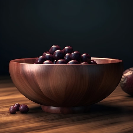 Wooden bowl full of ripe lychee fruits on dark backgroundの素材