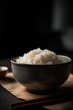 Japanese rice in a bowl on a dark background. Selective focus.の素材
