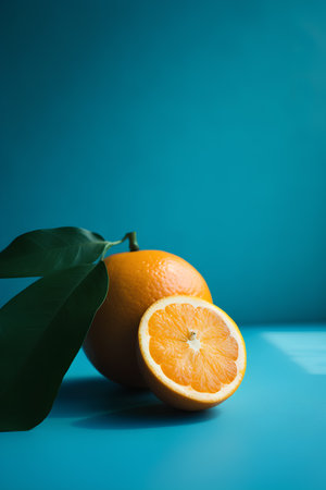 Orange fruit with leaves on blue background. Copy space for text.の素材