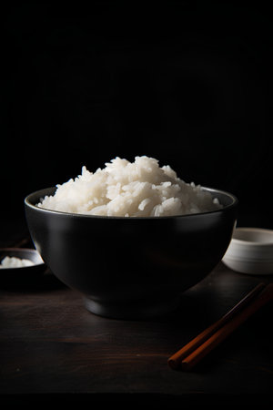 White rice in a bowl on a dark background. Selective focus.の素材
