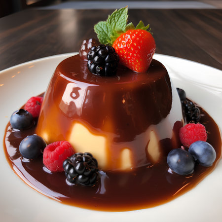 Panna cotta with chocolate sauce and berries on a wooden tableの素材
