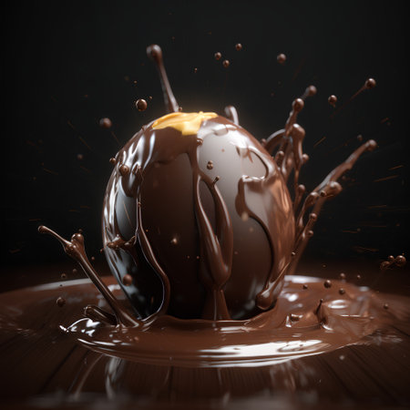 Chocolate egg with splashes and drops of chocolate. 3d renderingの素材