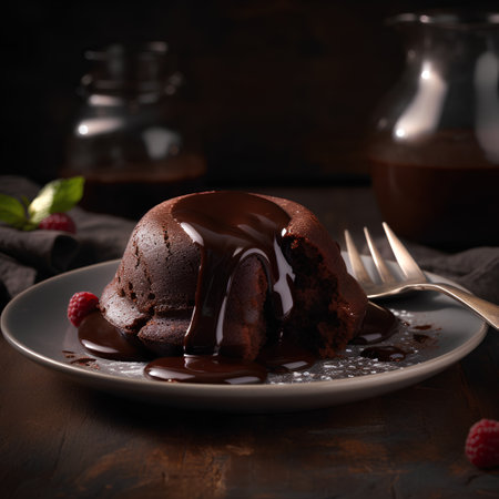 Chocolate fondant with fresh raspberries on a wooden backgroundの素材