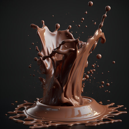 Chocolate splash with drops isolated on black background. 3d renderingの素材