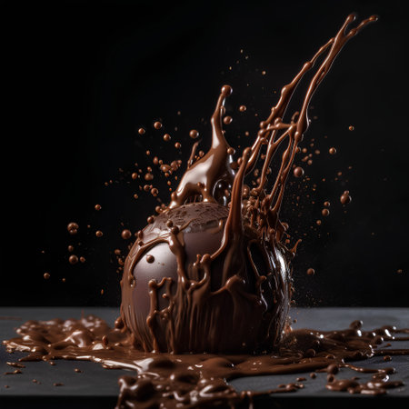 Chocolate ball with splashes and drops on a black background.の素材