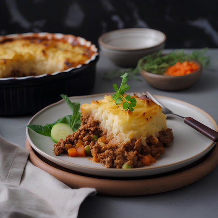 Potato casserole with minced meat, carrots and peas on a plateの素材