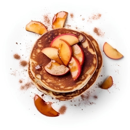 Tasty pancakes with apple and cinnamon isolated on white background, top viewの素材