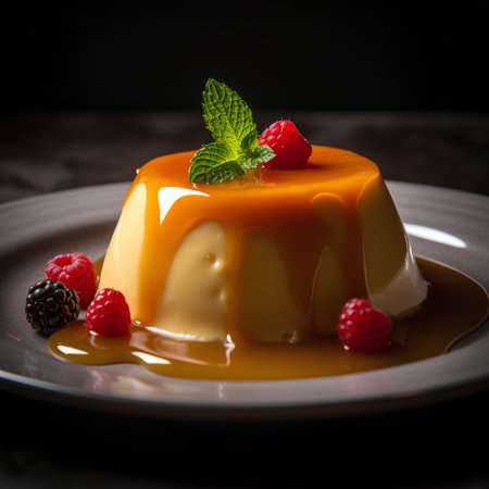 Panna cotta with caramel sauce and raspberries on a dark backgroundの素材