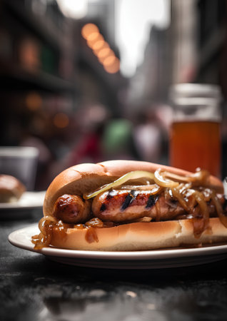 Grilled hot dog with mustard and ketchup on a dark backgroundの素材